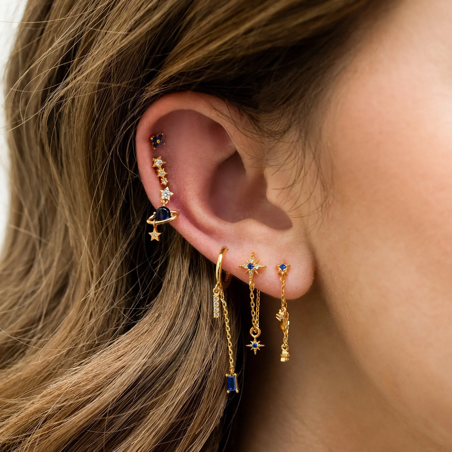 Celestial Galaxy Earring stack,  Single Ear,  Gold-Tone, Star and Planet Charms, Blue Crystal Drops, Huggie Mini Hoop Studs Cuff Stacking Jewelry