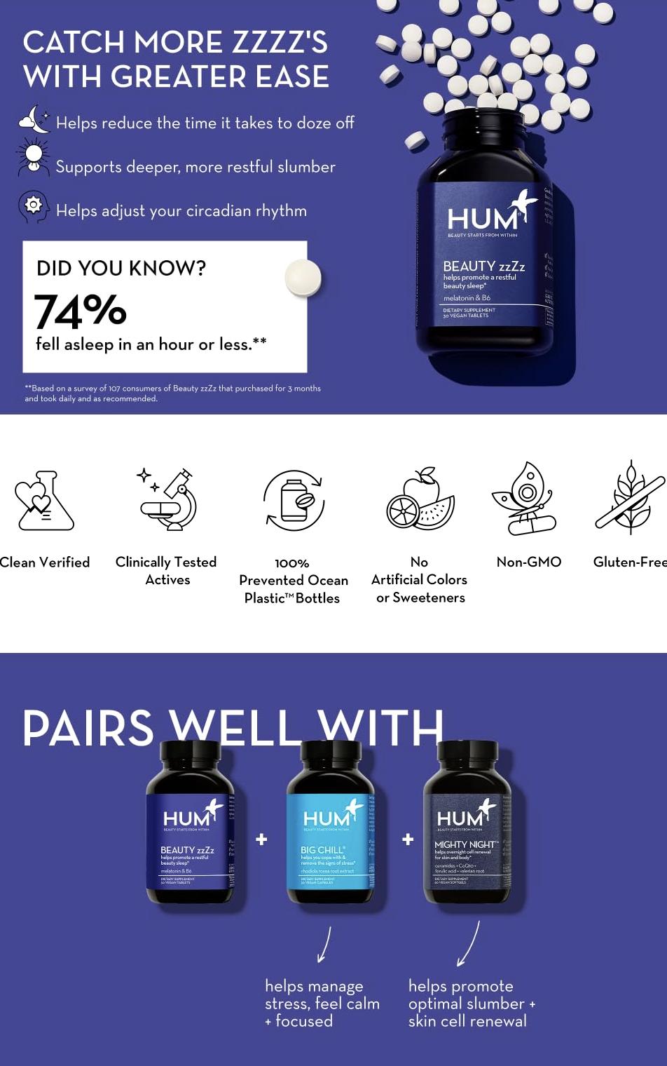 HUM Beauty zzZz Melatonin & B6 Supplement 30 Vegan Tablets for Optimal Sleep Quality and Alertness