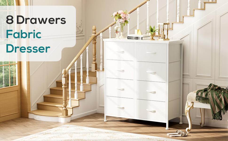 【Deal】8 Drawers Dresser Organizer Storage Drawers Fabric Storage Tower, Chest of Drawers with Fabric Bins, Steel Frame, Wooden Top