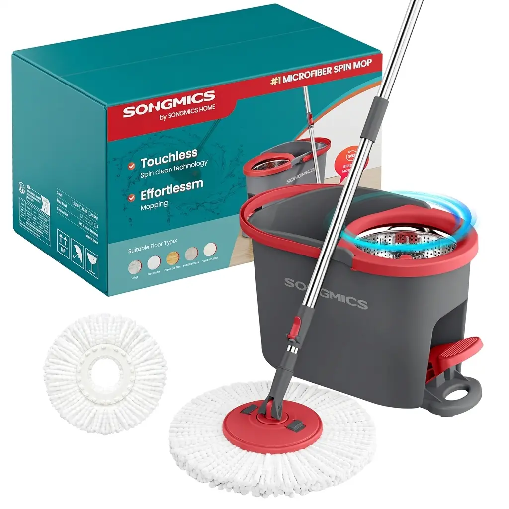 SONGMICS Spin Mop and Bucket Set with Pedal Wringer, Floor Cleaning Mop, Adjustable Telescopic Handle, Max. 59.1-Inch Length, 360° Rotating Head
