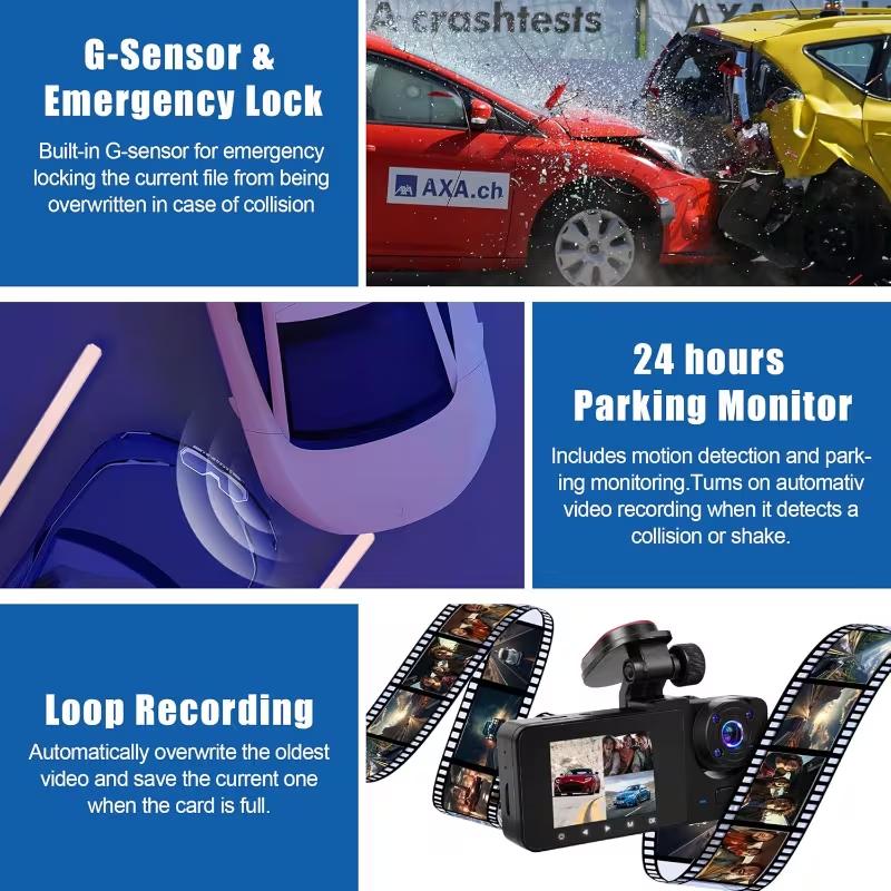 3-Channel Dash Cam for Cars, Front, Rear & Inside Cameras,   IR Night Vision, Loop Recording, G-Sensor, HDR, 24-Hour Continuous Recording, Triple Lens Car Camera