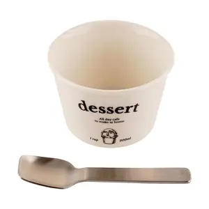 DAILYLIKE Korean Dessert Cup with Spoon Set - 200ml Breakfast Coffee & Oatmeal Mug, Cute Ceramic Bowl for Yogurt & Parfait