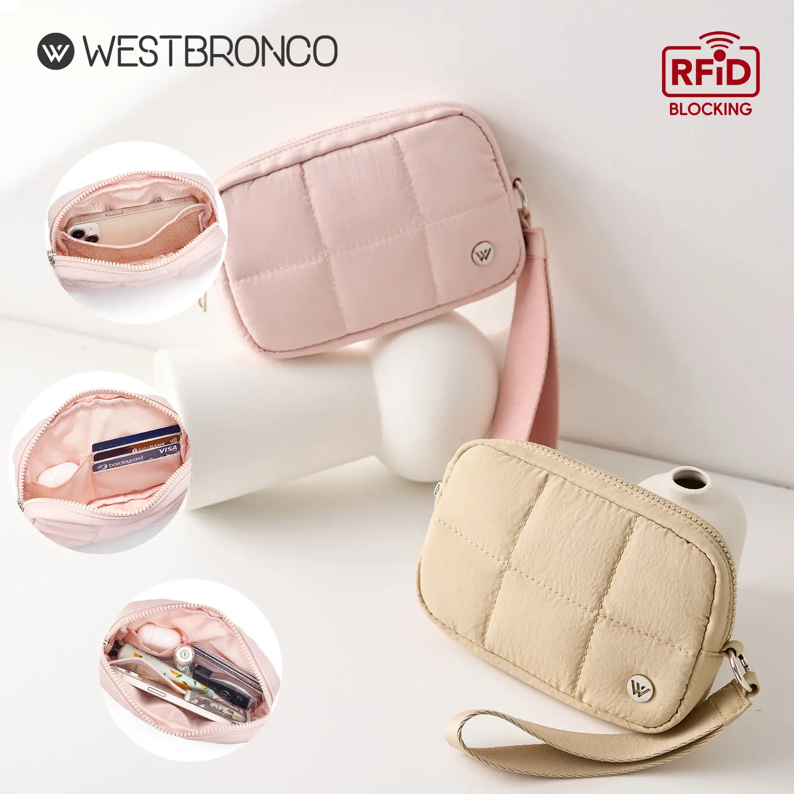 WESTBRONCO Minimalist Chic Plaid Bubble Puffer RFID Wristlet Wallet - Zip Around Phone Wallet Purse, Waterproof Outdoor Travel Cosmetic Organizer for Women, Geometric Shape Summer Gift