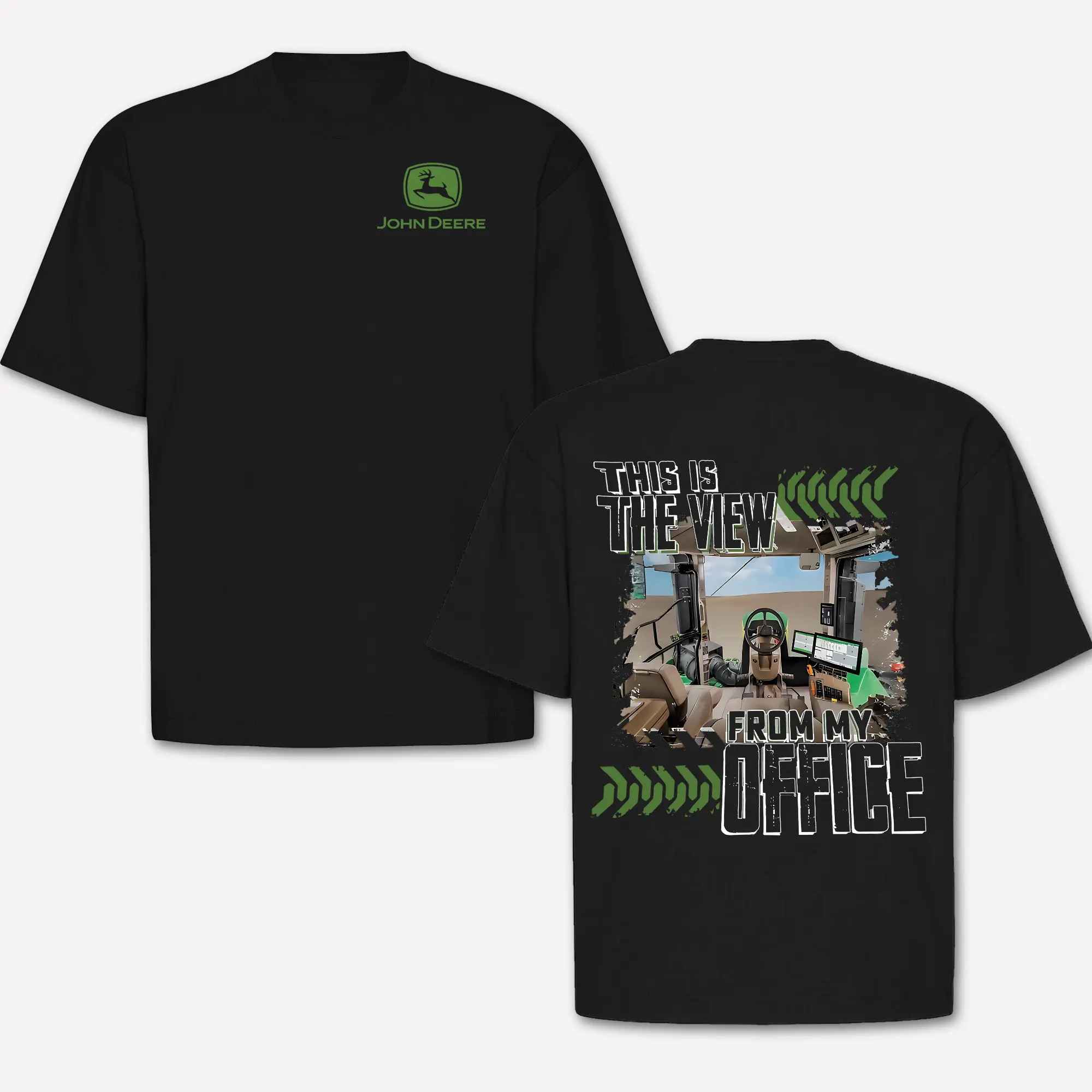 John Deere This Is The View From My Office, Funny Farming & Farmer Oversized T-Shirt, Tractor Back Graphic Tee, Vintage Heavyweight Black Cotton Short Sleeve Crewneck Top Men Women, Country Farming Aesthetic Oversized Streetwear Gift