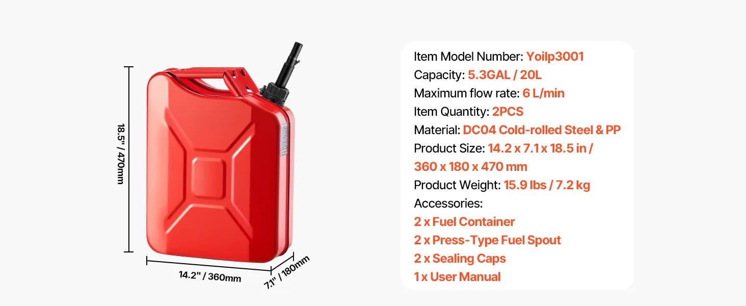 VEVOR Jerry Fuel  Metal Fuel Container, 5.3 Gallon, Fuel Jerry Can with Spout and Comfort Handle, 6 L/min Max Flow Rate, Leakproof & Corrosion-resistant Metal Gas Tank Most Cars Motorcycle ATV UTV, Red, 2 Packs