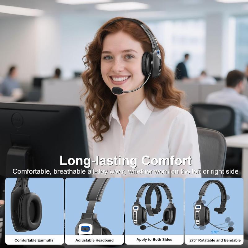 Trucker Bluetooth Headset with AI Noise Cancellation Microphone, Trucker Headset with 65Hrs Talk Time & Mute Button, Multipoint Connection, Bluetooth Headsets Fit for Truck Drivers/Cell Phones