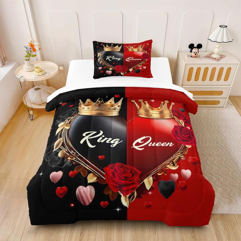 Christmas And Valentine'S Day Themed Black And Red Heart Print, King And Queen Themed Comforter Set, Soft Bedding Set, Includes A Comforter And 1 Or 2 Coreless Pillowcases, Warm And Skin-Friendly, Suitable For Beds, Sofas, Offices, Travel, And Camping.