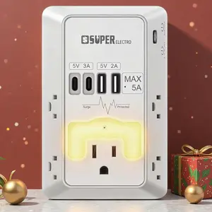 Multi Plug Outlet Surge Protector -Super Electro 5 Outlet Extender with 4 USB Charging Ports (5V 5A),with Night Light,3-Sided 1200J Power Strip Multi Plug Adapter for Home