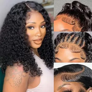 Curly Bob Wig Human Hair 13x4 HD Lace 100% Human Hair Curly Wave Wigs Pre Plucked Glueless Wig Short Curly Wet And Wavy Human Hair Bob Wigs For Black Women 180 Density Natural Color 12 Inch, Body Wavy Wigs