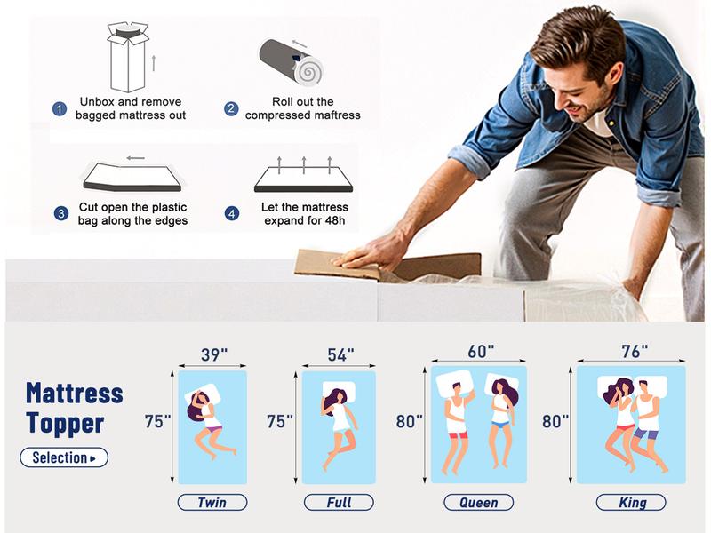 Raybee 3-4 Inch Mattress Topper with Cover, Pressure Relief Memory Foam Mattress Topper with Cooling Gel and Removable & Washable Embossed Cover, Gray, White,  King Queen Full Twin,