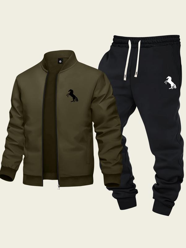 Men's Baseball Collar Casual Set 2-Piece Fashion Zipper Jacket & Drawstring Sweatpants Minimalist Trendy Design with Galloping Horse Print Ideal for Sports & Everyday Wear