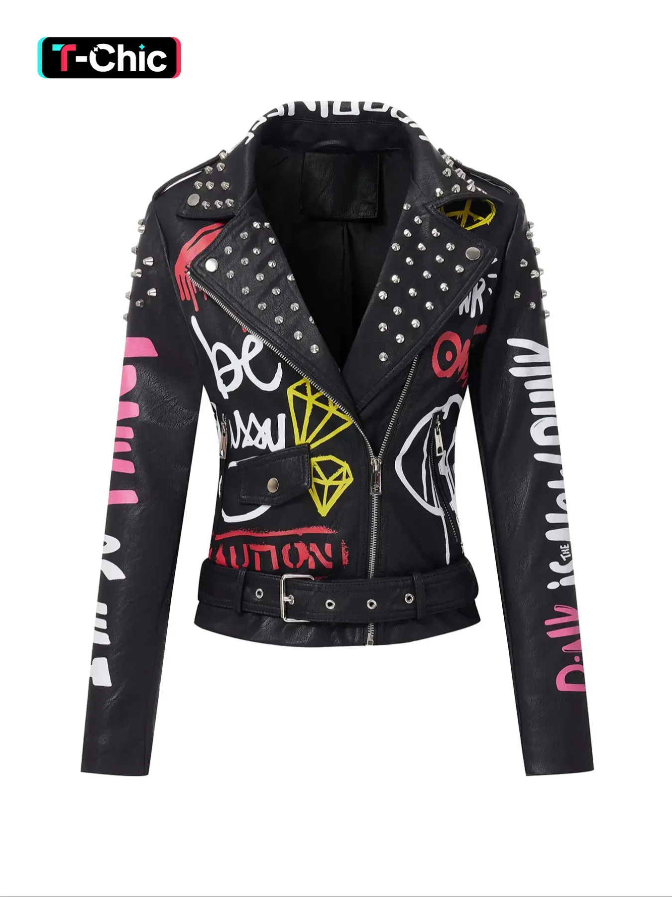 Women's PU Jacket with Belt, Casual Fitted Biker Jackets, Casual Fashionable Outerwear, Letter Print, Rivet Zipper Design, Long Sleeve All Season Wearable Casual Fashion Outerwear Coats