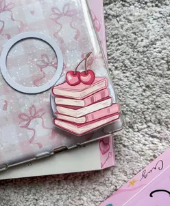 Cherry Book Stack MagSafe Phone Grip – Pink Reading Magnetic Pop Socket & Kickstand – Book Lover Gift