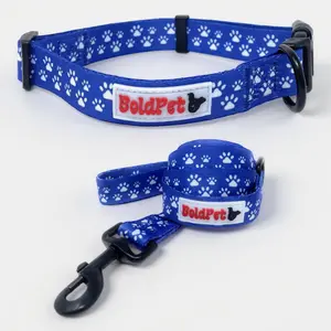 BOLDPET Dog Collar and Leash Set - Durable Polyester Material -Adjustable -Safe Metal Buckle-Cute Pawprints Design Dog Leash and Collar Set for Small, Medium and Large Dogs