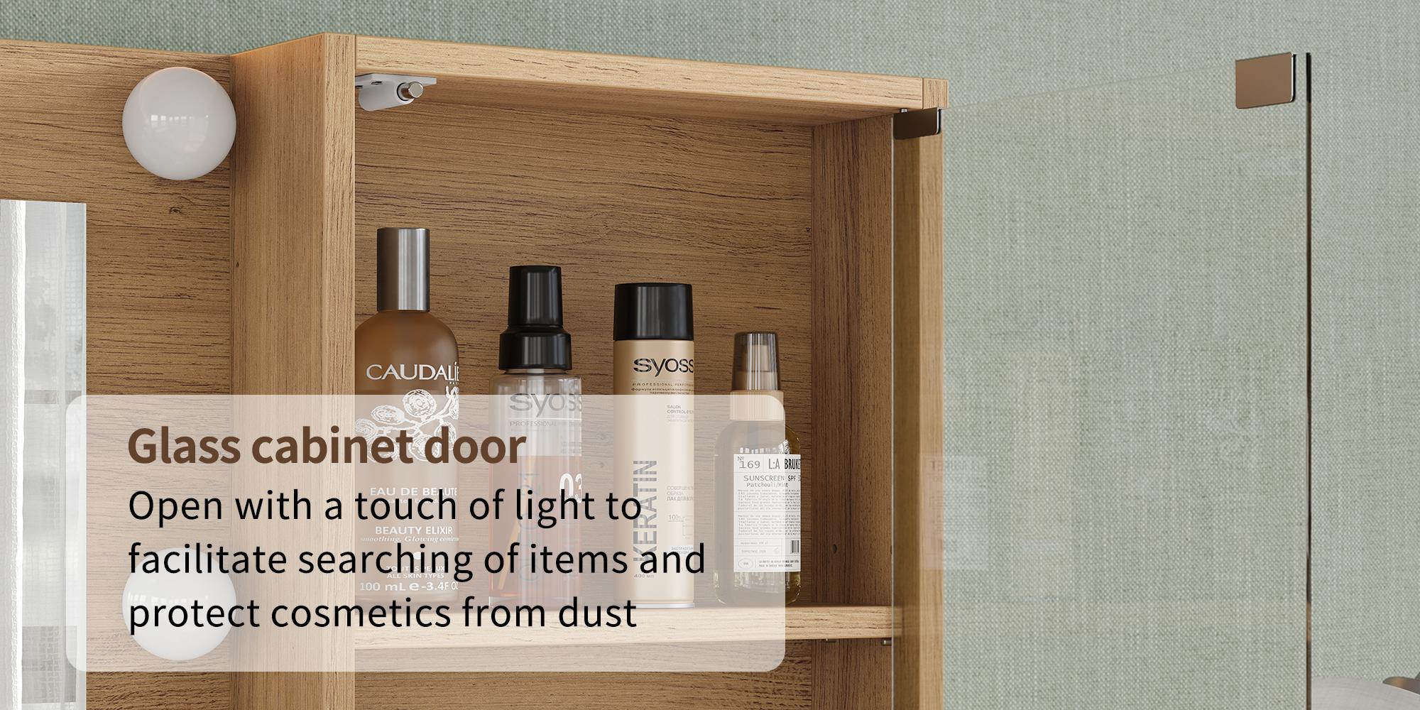 FUSOU 47'' W Fluted Vanity Desk, Makeup Vanity with Power Oultlet, 7 Drawers Vanity with 10 LED Lights and Mirror, 3 Lighting Modes Adjustable, Glass Top, Vanity with Chair for Bedroom, Natural