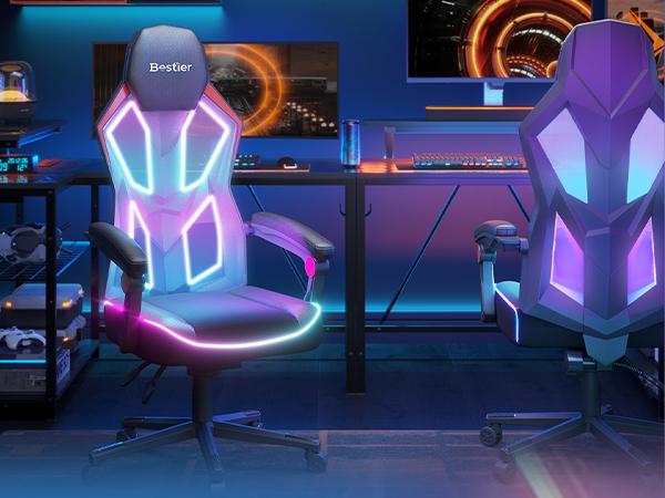Bestier Gaming Chair Breathable High-Back Mesh Fabric, Led Gamer Chair for Adults with Comfortable Cushion, Lumbar Support, Linkage Armrests for Gamer, Kids, Students