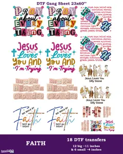 Faith DTF Gang Sheet 18 Ready To Press Transfers 23x60. Same/Next Day Shipping
