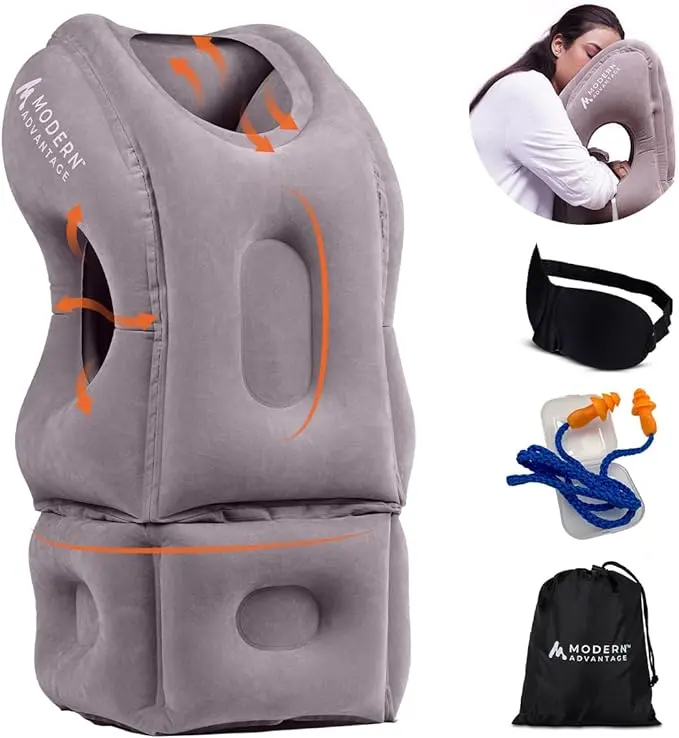 Inflatable Travel Pillow for Airplanes - Adjustable Neck Support, Easy to Pack, Soft Grey, Peaceful Nap for Backpack Travel