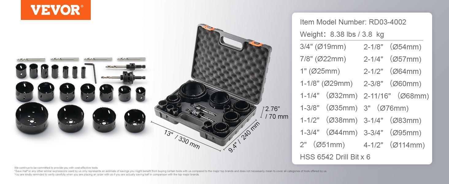 VEVOR Hole Saw Kit, TikTokShopBlackFriday, 18 PCS Saw Blades, 6 Drill Bits, 1 Hex Wrench, General Purpose Size from 3/4" to 4-1/2", Bi Metal M42 Hole Saw Set with Carrying Case, Ideal for Wood Board, Plastic and Iron Plate