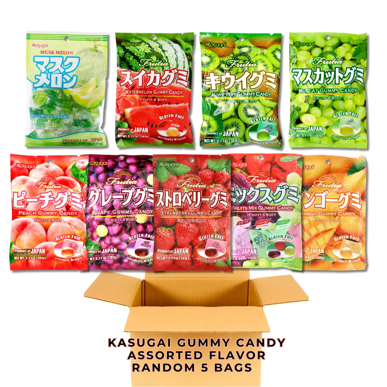 KASUGAI Assorted Fruit Flavor Gummy Candies Gift-Ready Box - Strawberry, Grape, Peach, Kiwi, Muscat, 5 Separate Bags for Easy Sharing, Chewables, Gummy Combo, Gluten-Free Snacks, Sampler