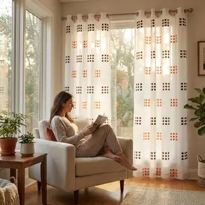 Window Wear 2 Panels 52X84Inch is made of bamboo-jointed linen fabric, combined with embroidery technique, featuring a two-color nine-square pattern, with a metal ring at the head. It is easy to install, has a unique style, and is labeled as CT278.