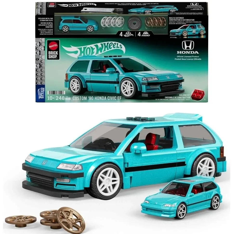 Mattel Brick Shop HW Hot Wheels Custom '90 Honda Civic EF Building Toy Kit 248pc with Realistic Details Exclusive Metal Car & Decal Sheet