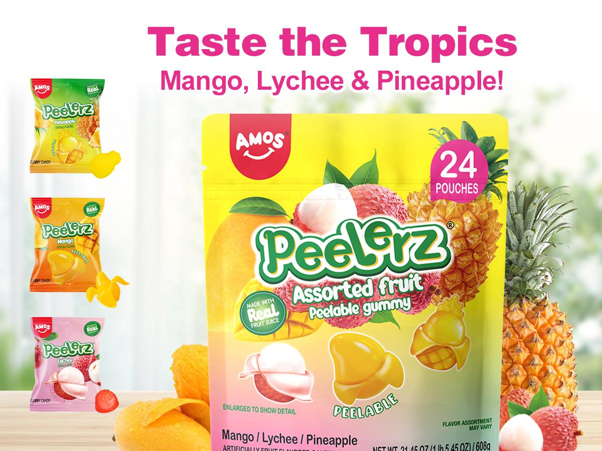 Amos Peelerz Fruity Gummies 608g New Tropical Edition Lychee Kiwi Peach Mixed Pack Mango Lychee Pineapple Exotic Chewy Fruit Candy Low Sodium Fat Free Sweet Juice Snack Bonbon Amos Peelerz Fruity Gummies 608g New Tropical Edition Lychee Kiwi Peach Mixed Pack Mango Lychee Pineapple Exotic Chewy Fruit Candy Low Sodium Fat Free Sweet Juice Snack Bonbon