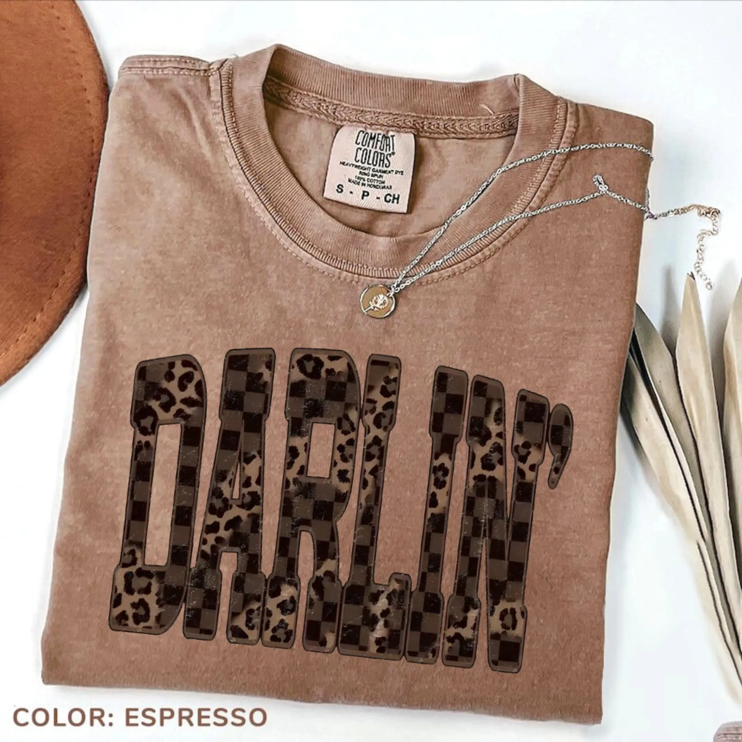 Comfort Colors Leopard Darlin T-shirt, Western Graphic Shirt, Checkered Cowgirl Tee, Southern Style Cowboy Quote Tee, Country Music Fan Gift