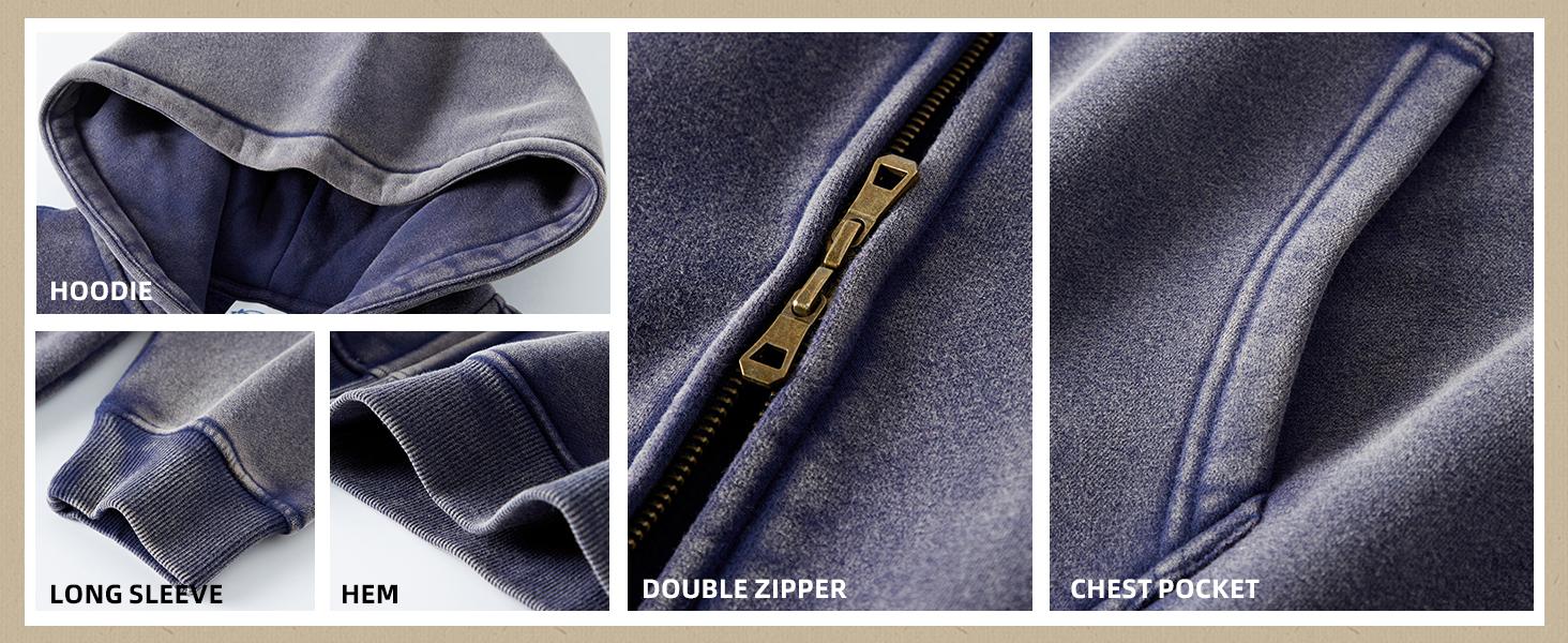 Gihuo Mens Oversized Zip Up Hoodies Jackets Fleece Vintage Acid Wash Cotton Heavyweight Distressed Sweatshirt