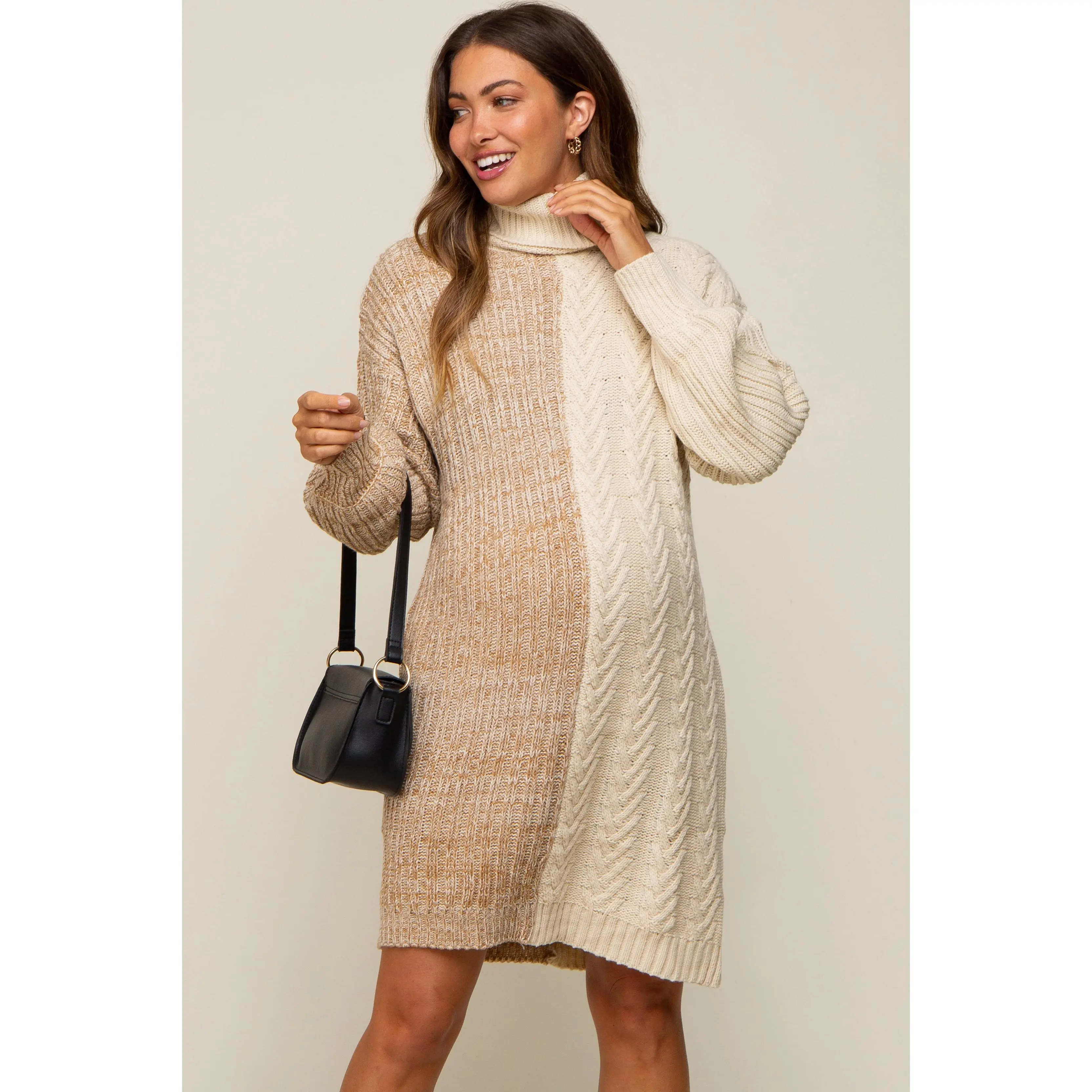 Taupe Color Blocked Turtleneck Maternity Sweater Dress