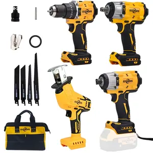 Household Multi-functional All-in-One 20V Brushless Power Tool Set - 4-piece cordless tool set including impact wrench, drill, screwdriver, and reciprocating saw. Ideal for renovation, woodworking, and furniture assembly.