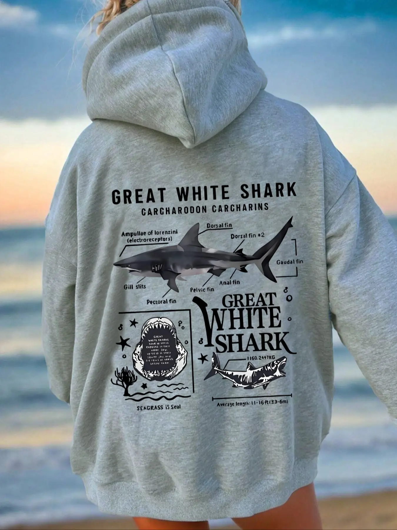 Chic Women's Shark Print Hoodie with Drawstring Detail & Pocket, Casual Long Sleeve Pullover, Fall Winter Wear