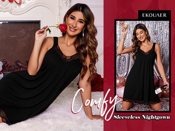EKOUAER Women's Nightgown V-neck Chemise Sleepwear Lace Nightwear Soft Lingerie for Women