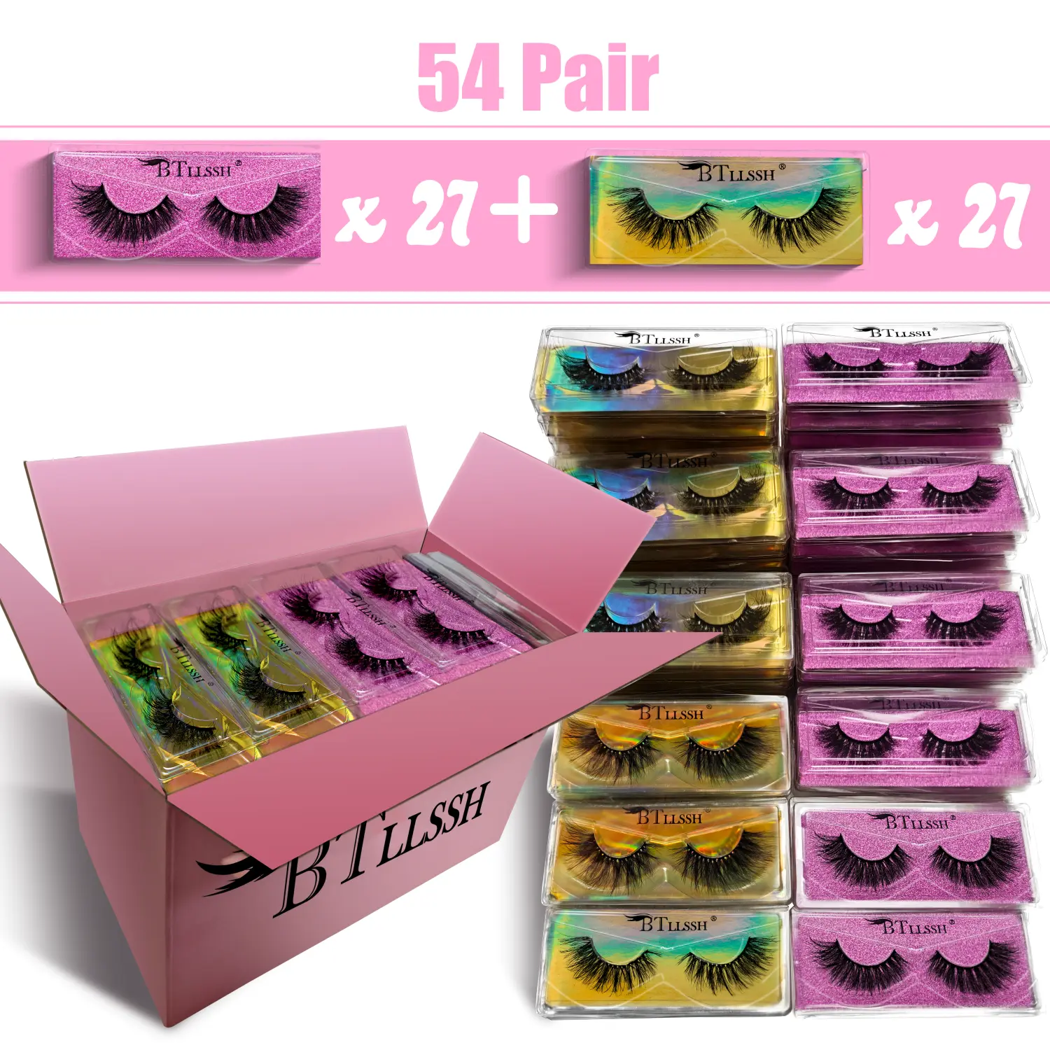 False Eyelashes 18mm Faux 3D Mink Lashes Natural Look Cat Eye Wispy Lashes Pack by BTLLSSH, 54 Pairs Cosmetic Makeup,sunscreen
