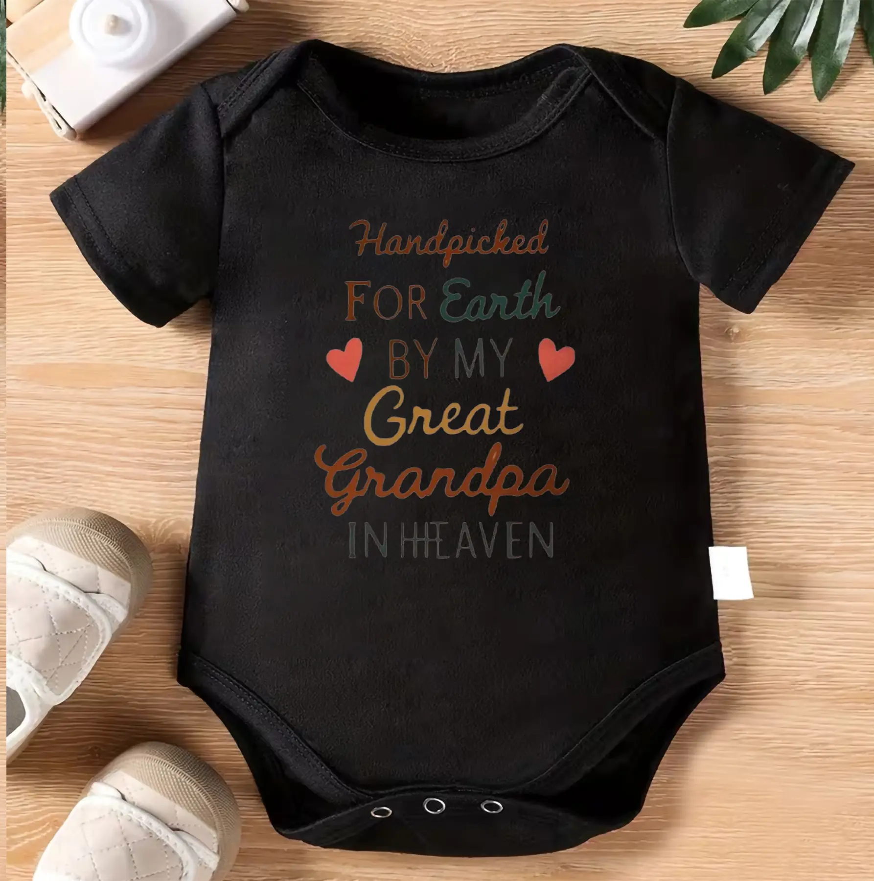 1pc Baby Bodysuit - Beige Onesies with "Handpicked for Earth by My Grandpa in Heaven" Print - Soft Cotton Outfit for Newborns & Toddlers 0-3 Years - Memorial Baby Gift - Machine Washable Infant Wear