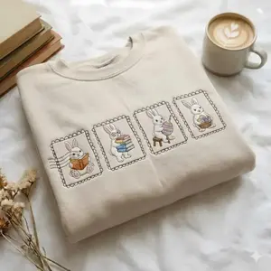 [MADE IN US] Bunny Embroidered Sweatshirt, Cute Bunny Embroidery Sweatshirt, Story Bunny Shirt, Easter Bunny Top, Cozy Embroidered Spring Shirt