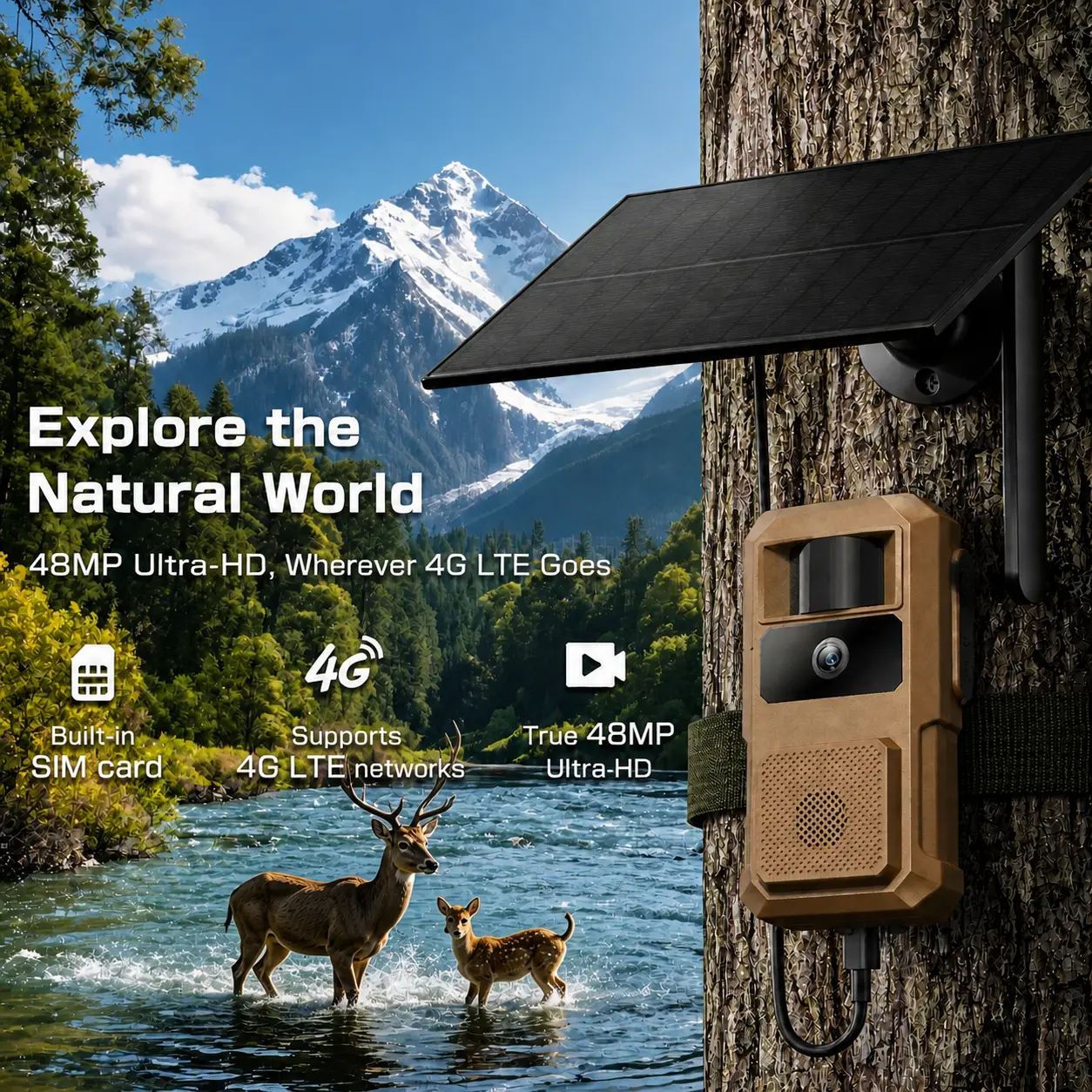 Solar 4G LTE Trail Camera HC73S 48MP 2K Night Vision 0.1s PIR Trigger IP66 Waterproof 120° Wide Angle For Wildlife Farm Deer Security, Built-In Cellular Card 4G LTE Data Plan Needs Activation tiktokshopbacktoschool