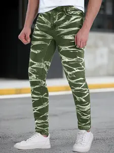 Men's new army green with irregular white tie-dye textured slim-fitting jeans fashionable long pant