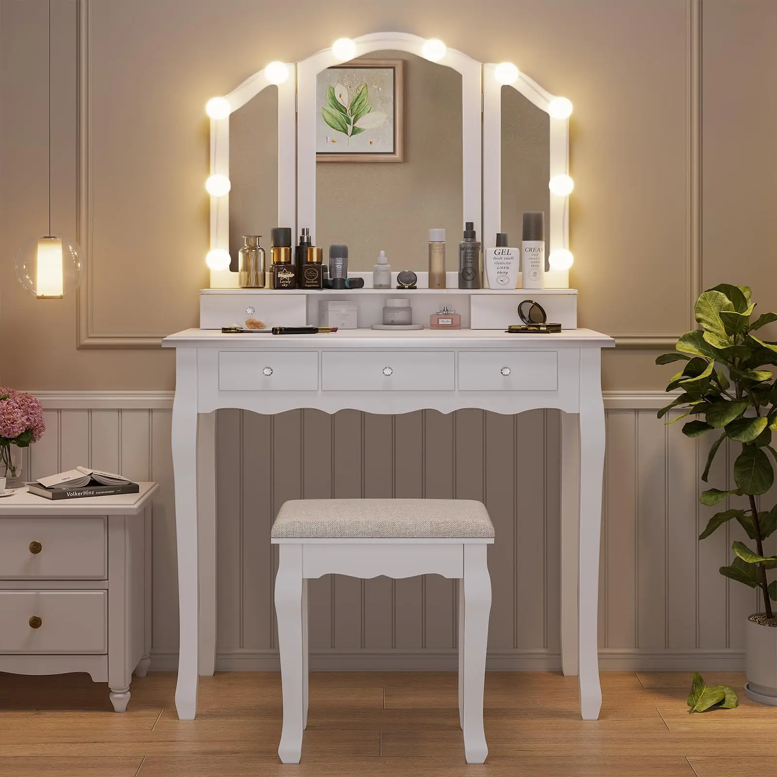 SIKAIC Bright LED Makeup Vanity with Lighted Mirror, 5-Drawer Modern Built-In Dressing Table Set with Stool, 3 Light Settings Adjustable Multi-Function Indoor Bedroom Furniture, Vanity Mirror With Light, Bright Led Makeup Vanities