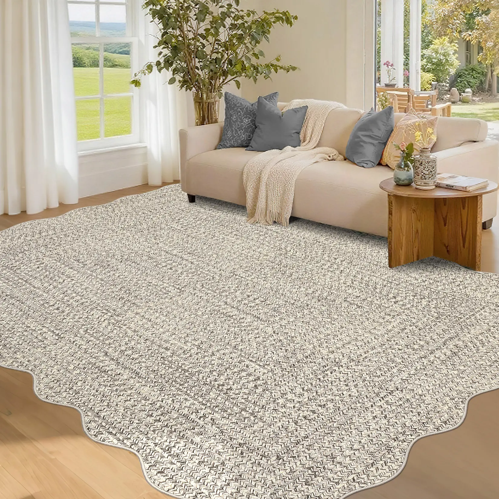 Washable Rug Scalloped Edge Non-Slip Living Room Carpet Farmhouse Style Soft Low-Pile Foldable Non-Shedding Mat for Bedroom Nursery and Office