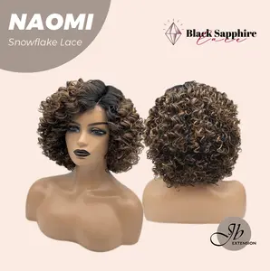 JBEXTENSION 13 Inches Deep Curly Dark Brown with Blonde Highlight Pre-Cut Side Part Snowflake Lace Frontlace Glueless BS Wig NAOMI【BENDY EAR TABS】