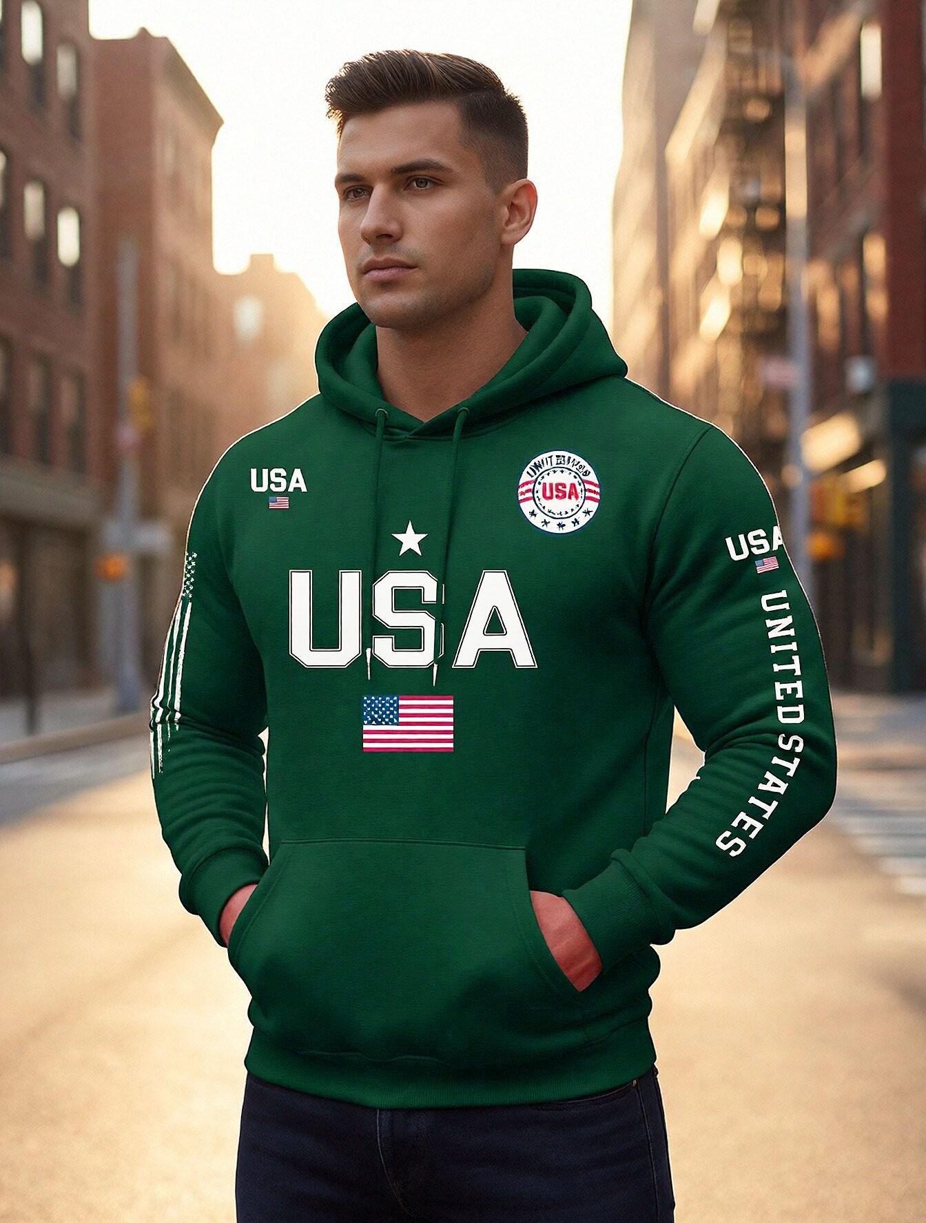 USA flag print hoodie men's fleece sweatshirt, United States letter print unisex casual knit fabric pullover for students and couples fashion hoodie for autumn and winter, 2026 spring pullover hooded sports hoodie