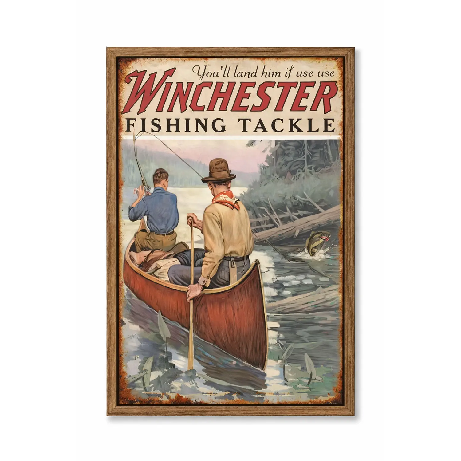 Vintage Winchester Fishing Tackle Poster, Classic Angler Canoe Scene Wall Art Featuring Bass Strike On River, Rustic Outdoor Decor For Fishing Cabin, Lake House Or Man Cave