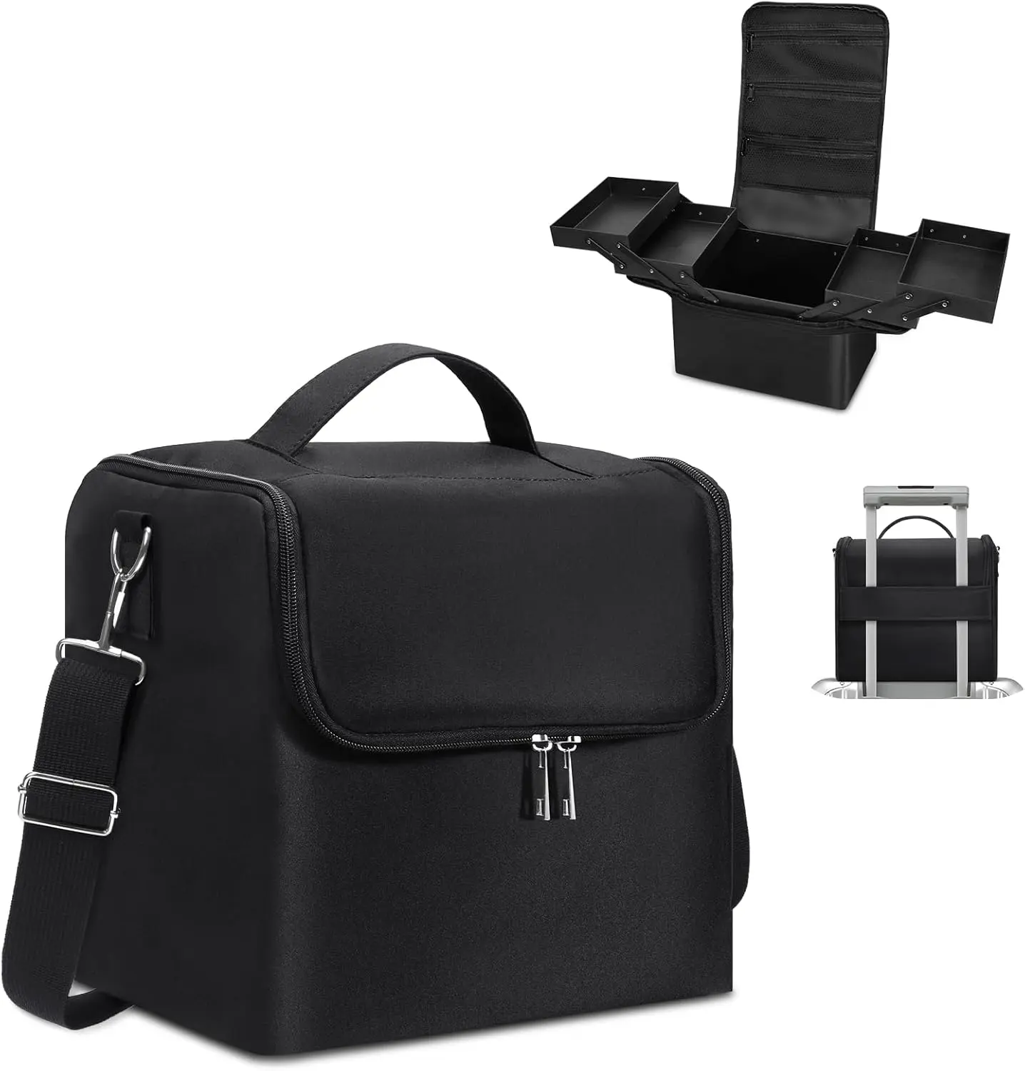 Women's Large 4-Tier Cosmetics Organizer Train Case - Black Travel Cosmetic Bag with Adjustable Dividers for Professional Nail Tools, Jewelry, Makeup Brushes, Travel Cosmetic Bags