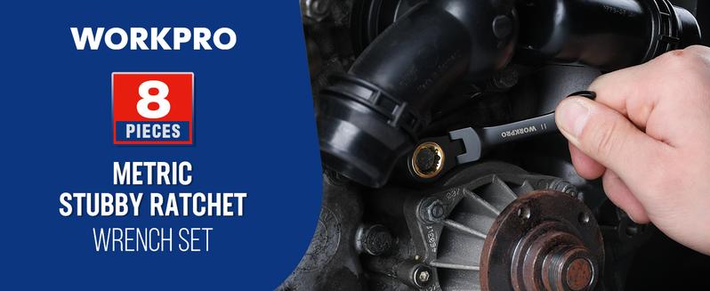 #JumpstartSale WORKPRO 8-Pack Flex-Head Stubby Anti-slip Ratcheting Wrench Set with Rolling Pouch