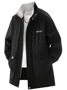 Men’s plus-size mid-length trench jacket with hood, stylish casual solid color, versatile for everyday wear in spring and autumn, outdoor camping, and dates