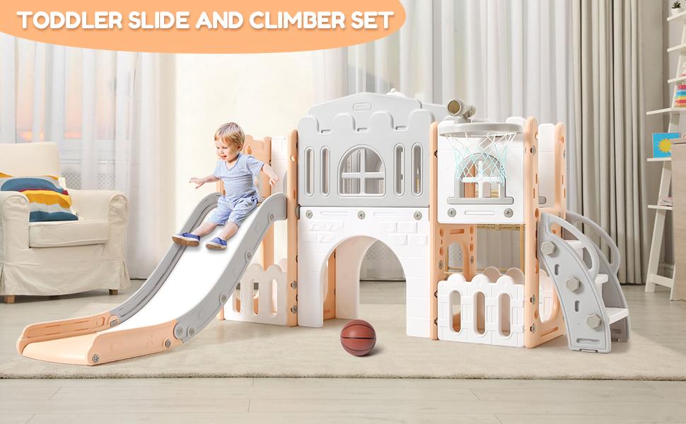 GARVEE and GARVEE 8-in-1 Toddler Slide Playset for Ages 1-3, Indoor and Outdoor Use with Slide, Basketball Hoop, Climber, Crawling Tunnel, Telescope, and Toy Storage