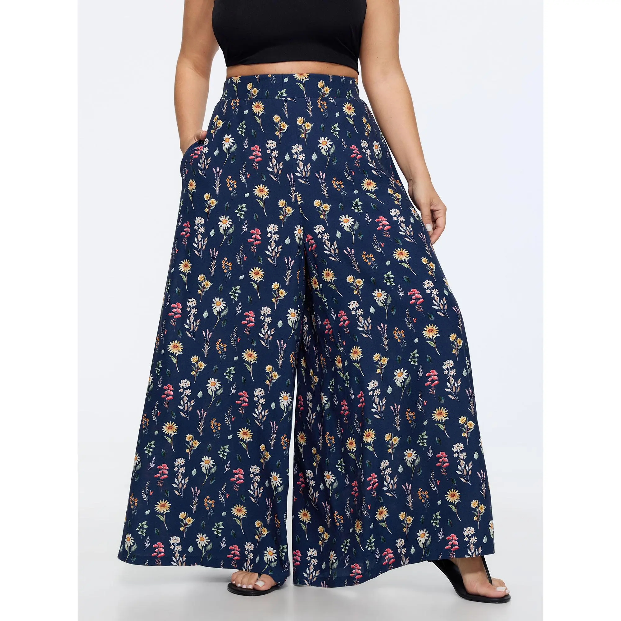 BloomChic Women's Plus Size Ditsy Floral Print Stretchy Waist Wide Leg Pants, Pants for Women, Size M-6X, 2026 Summer Outfits,clothes for back to school,first day of school outfits