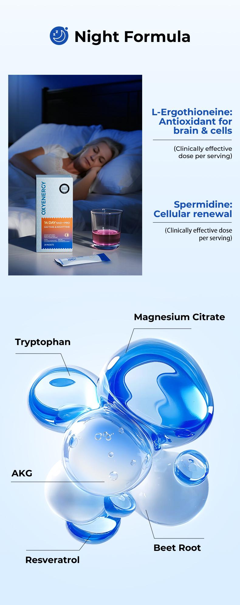 OXYENERGY  14-Day NAD+ PRO 24/7 Anti-Aging –  Day & Night Cellular Activation Powder | NR + PQQ | L-Ergothioneine+Spermidine | Beet Root | Boost Energy, Sleep, Skin, Brain & Longevity，Teasty Natural Orange and Berry Flavor,28 Packets