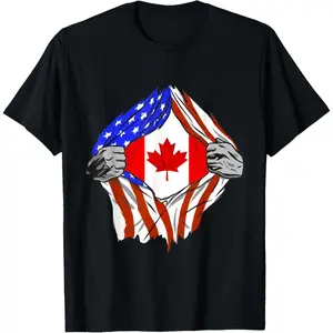 America USA Canadian Flag Chest Canadian Roots Canada T-Shirt Pure Cotton Graphic Tees Menswear Top: Gifts for Men & Women